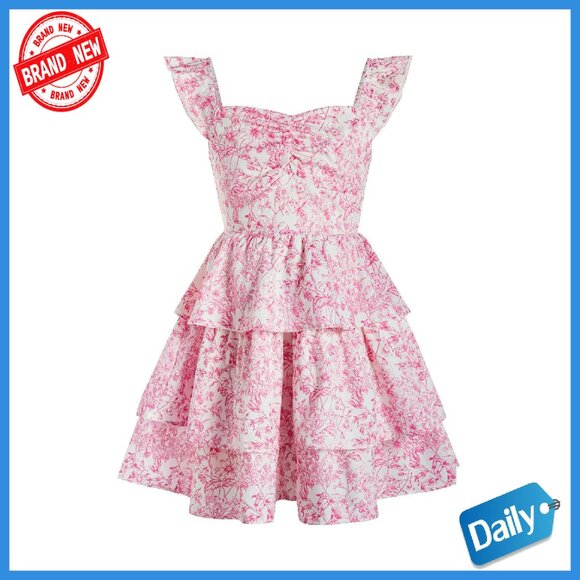 Girl's Floral Ruffle Shirred Sweetheart A-Line Summer Dress Size 10-12